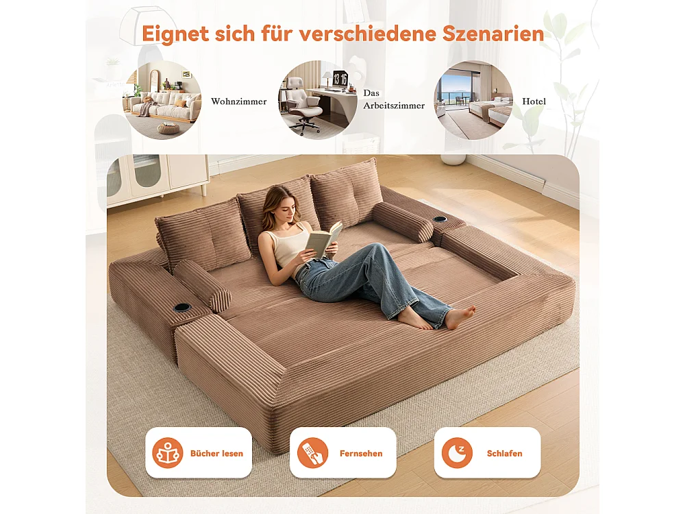 Canapé Convertible 3 Places en Velours Côtelé avec Ressorts, Mémoire de Forme, Couchage et Rangement
