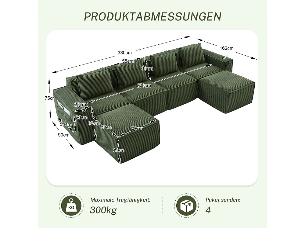 Modulares Sofa 4-Sitzer in Rillensamt mit Poufs, Taschenfederkern, Schaumstoff, Getränkehalter und Stauraum