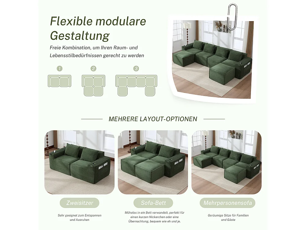 Modulares Sofa 4-Sitzer in Rillensamt mit Poufs, Taschenfederkern, Schaumstoff, Getränkehalter und Stauraum