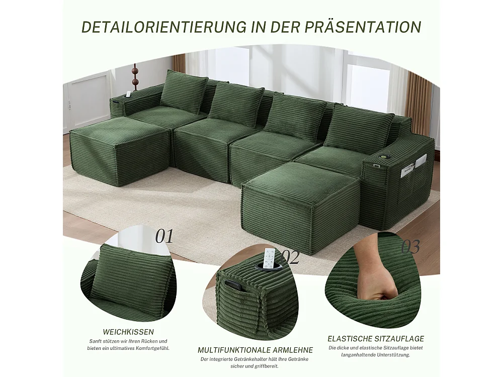 Modulares Sofa 4-Sitzer in Rillensamt mit Poufs, Taschenfederkern, Schaumstoff, Getränkehalter und Stauraum