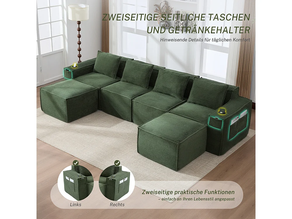 Modulares Sofa 4-Sitzer in Rillensamt mit Poufs, Taschenfederkern, Schaumstoff, Getränkehalter und Stauraum