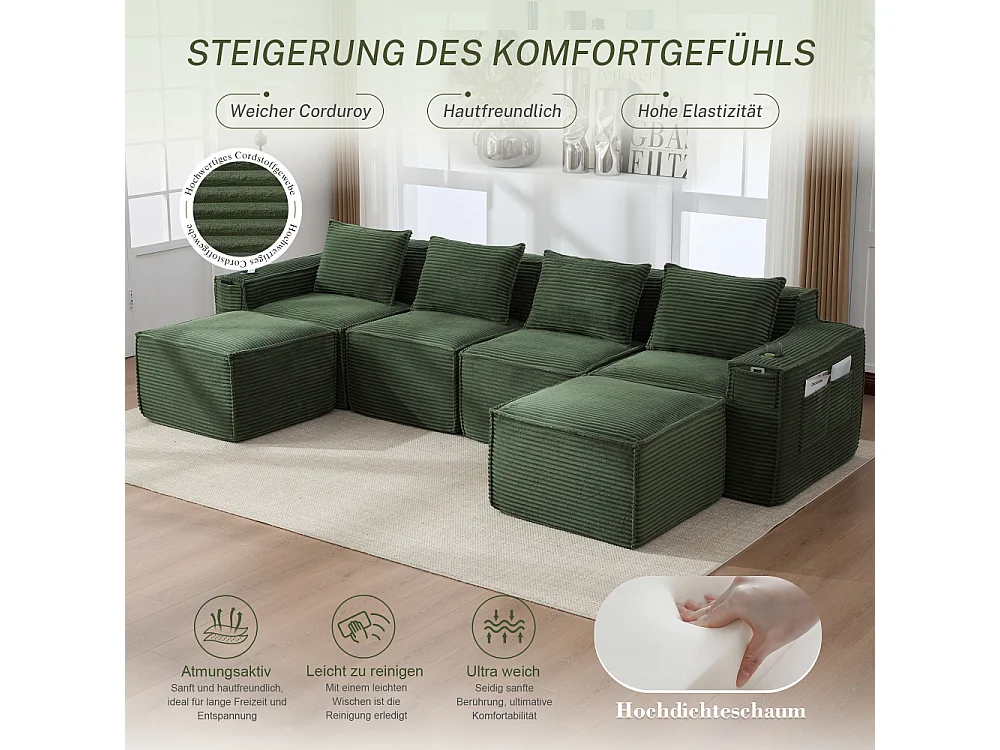 Modulares Sofa 4-Sitzer in Rillensamt mit Poufs, Taschenfederkern, Schaumstoff, Getränkehalter und Stauraum