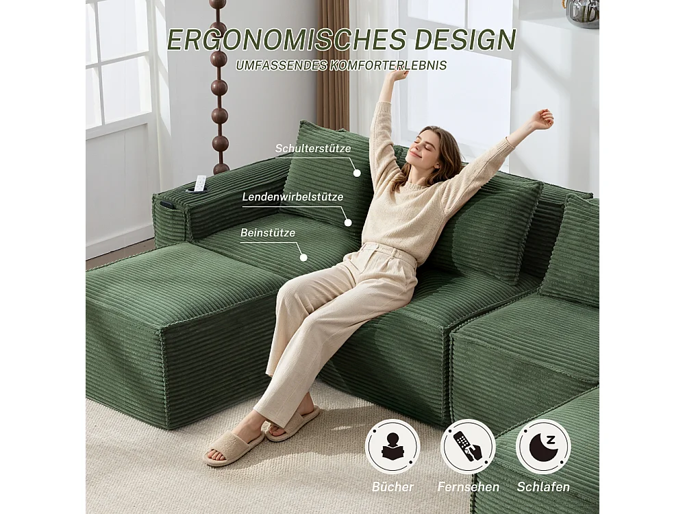 Modulares Sofa 4-Sitzer in Rillensamt mit Poufs, Taschenfederkern, Schaumstoff, Getränkehalter und Stauraum