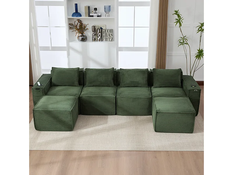 Modulares Sofa 4-Sitzer in Rillensamt mit Poufs, Taschenfederkern, Schaumstoff, Getränkehalter und Stauraum