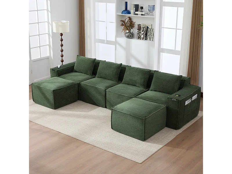 Modulares Sofa 4-Sitzer in Rillensamt mit Poufs, Taschenfederkern, Schaumstoff, Getränkehalter und Stauraum