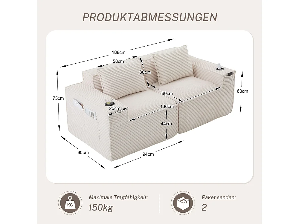Canapé modulaire 2 places en velours côtelé avec ressorts ensachés, mousse, porte-gobelets, poches latérales et design confortable