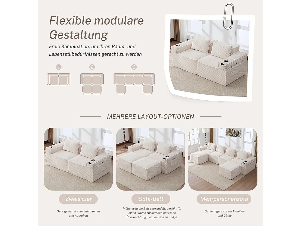 Canapé modulaire 2 places en velours côtelé avec ressorts ensachés, mousse, porte-gobelets, poches latérales et design confortable