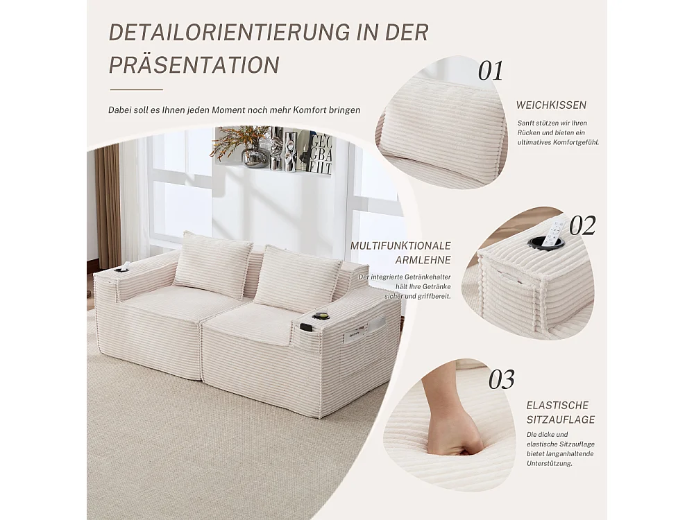 Canapé modulaire 2 places en velours côtelé avec ressorts ensachés, mousse, porte-gobelets, poches latérales et design confortable