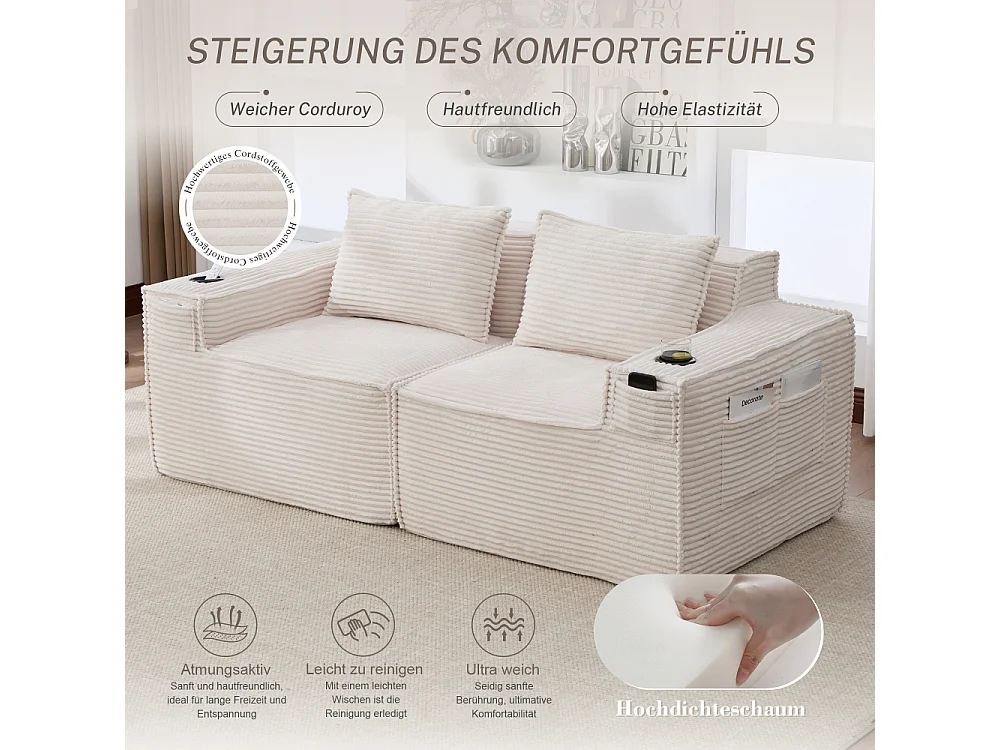 Canapé modulaire 2 places en velours côtelé avec ressorts ensachés, mousse, porte-gobelets, poches latérales et design confortable