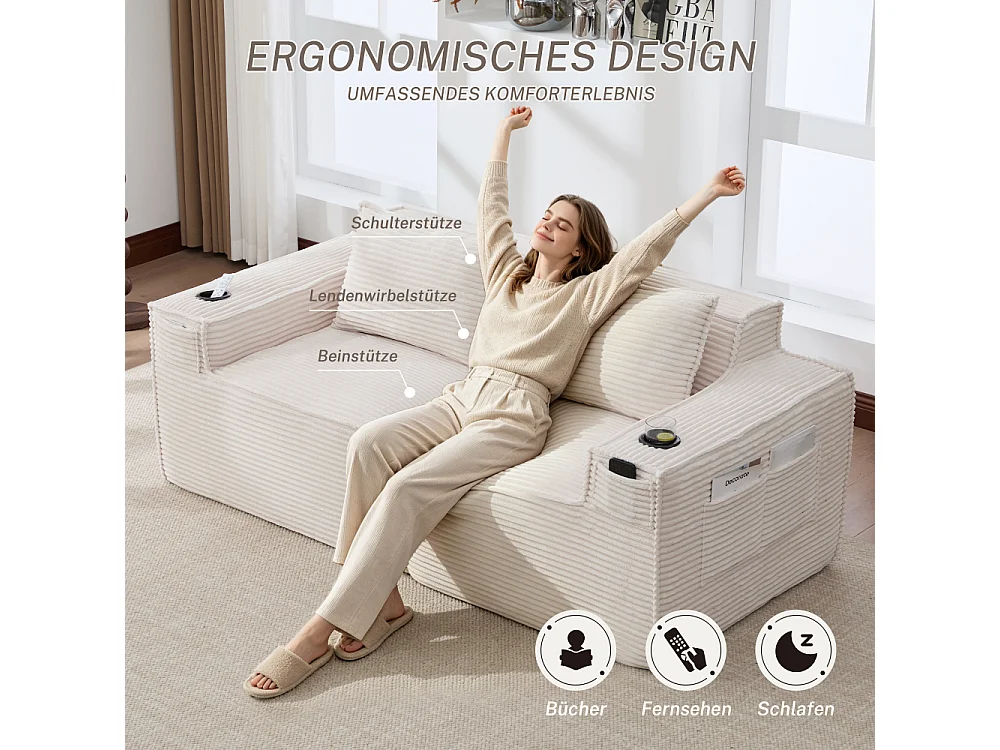 Canapé modulaire 2 places en velours côtelé avec ressorts ensachés, mousse, porte-gobelets, poches latérales et design confortable