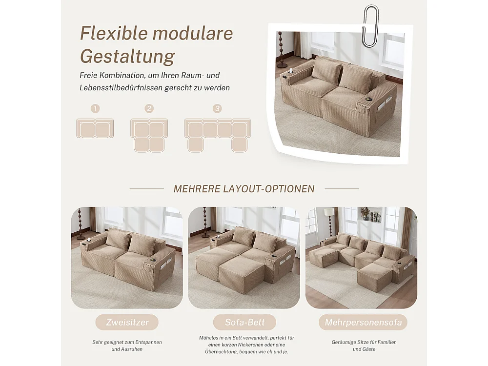 Canapé modulaire 2 places en velours côtelé avec ressorts ensachés, mousse, porte-gobelets, poches latérales et design confortable