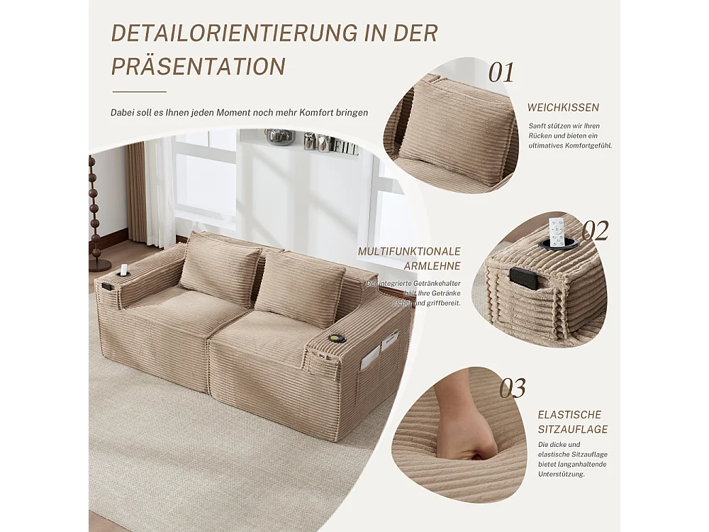 Canapé modulaire 2 places en velours côtelé avec ressorts ensachés, mousse, porte-gobelets, poches latérales et design confortable