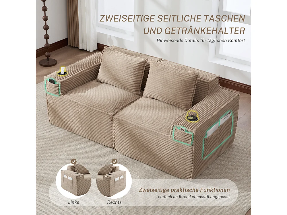 Canapé modulaire 2 places en velours côtelé avec ressorts ensachés, mousse, porte-gobelets, poches latérales et design confortable