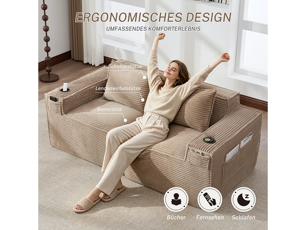 Canapé modulaire 2 places en velours côtelé avec ressorts ensachés, mousse, porte-gobelets, poches latérales et design confortable