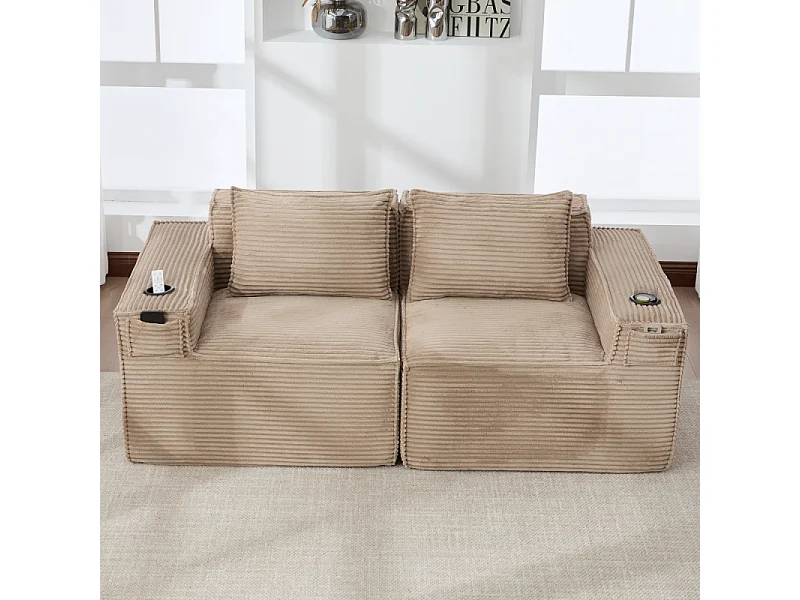 Canapé modulaire 2 places en velours côtelé avec ressorts ensachés, mousse, porte-gobelets, poches latérales et design confortable