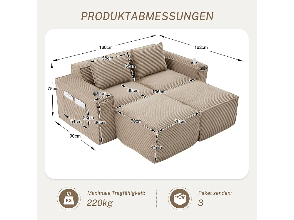 Canapé modulaire 2 places en velours côtelé avec 2 poufs, ressorts ensachés, mousse, porte-gobelets et rangement