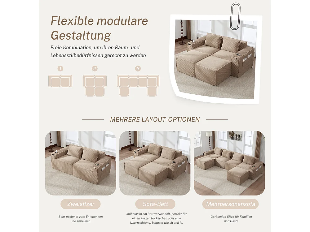 Canapé modulaire 2 places en velours côtelé avec 2 poufs, ressorts ensachés, mousse, porte-gobelets et rangement