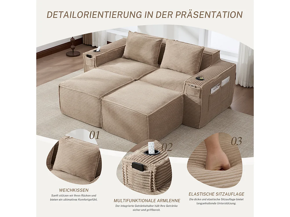 Canapé modulaire 2 places en velours côtelé avec 2 poufs, ressorts ensachés, mousse, porte-gobelets et rangement
