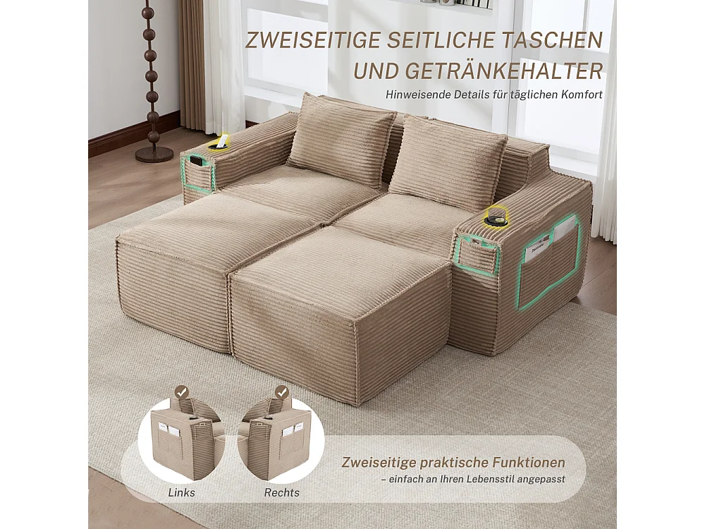 Canapé modulaire 2 places en velours côtelé avec 2 poufs, ressorts ensachés, mousse, porte-gobelets et rangement