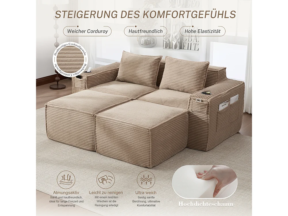 Canapé modulaire 2 places en velours côtelé avec 2 poufs, ressorts ensachés, mousse, porte-gobelets et rangement