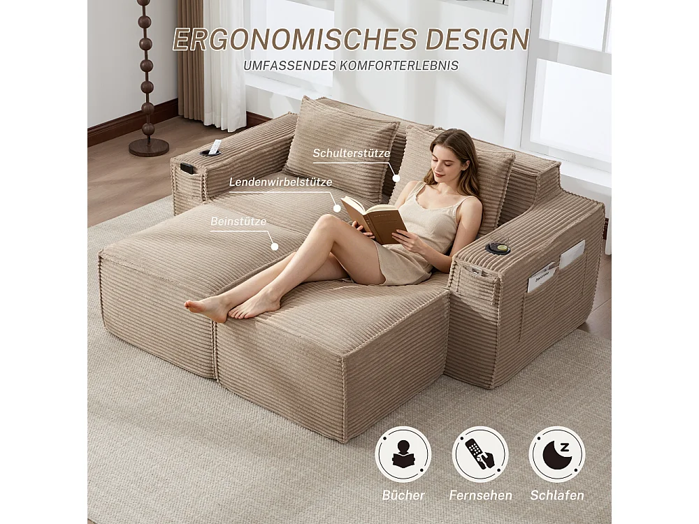 Canapé modulaire 2 places en velours côtelé avec 2 poufs, ressorts ensachés, mousse, porte-gobelets et rangement