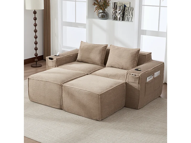 Canapé modulaire 2 places en velours côtelé avec 2 poufs, ressorts ensachés, mousse, porte-gobelets et rangement