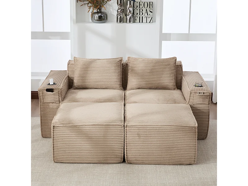 Canapé modulaire 2 places en velours côtelé avec 2 poufs, ressorts ensachés, mousse, porte-gobelets et rangement