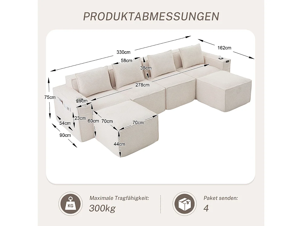 Canapé modulaire 4 places en velours côtelé avec poufs, ressorts ensachés, mousse, porte-gobelets et rangement
