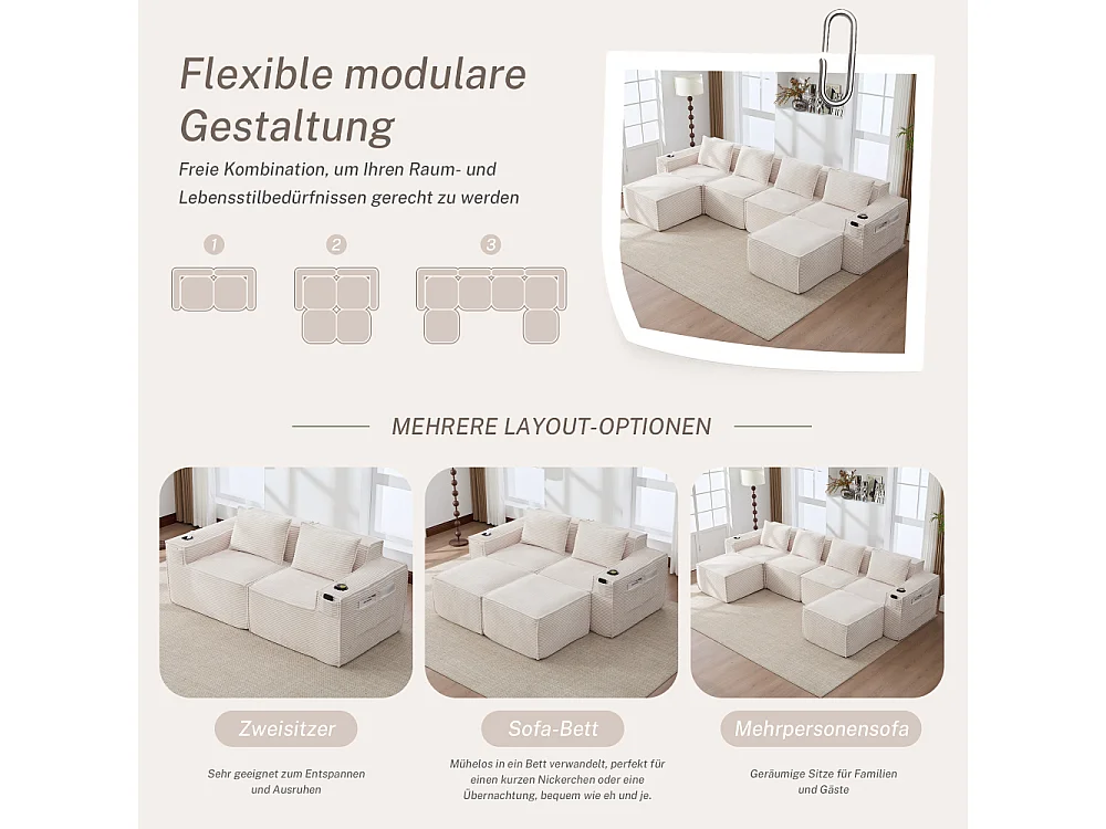 Canapé modulaire 4 places en velours côtelé avec poufs, ressorts ensachés, mousse, porte-gobelets et rangement