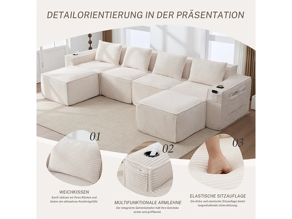 Canapé modulaire 4 places en velours côtelé avec poufs, ressorts ensachés, mousse, porte-gobelets et rangement