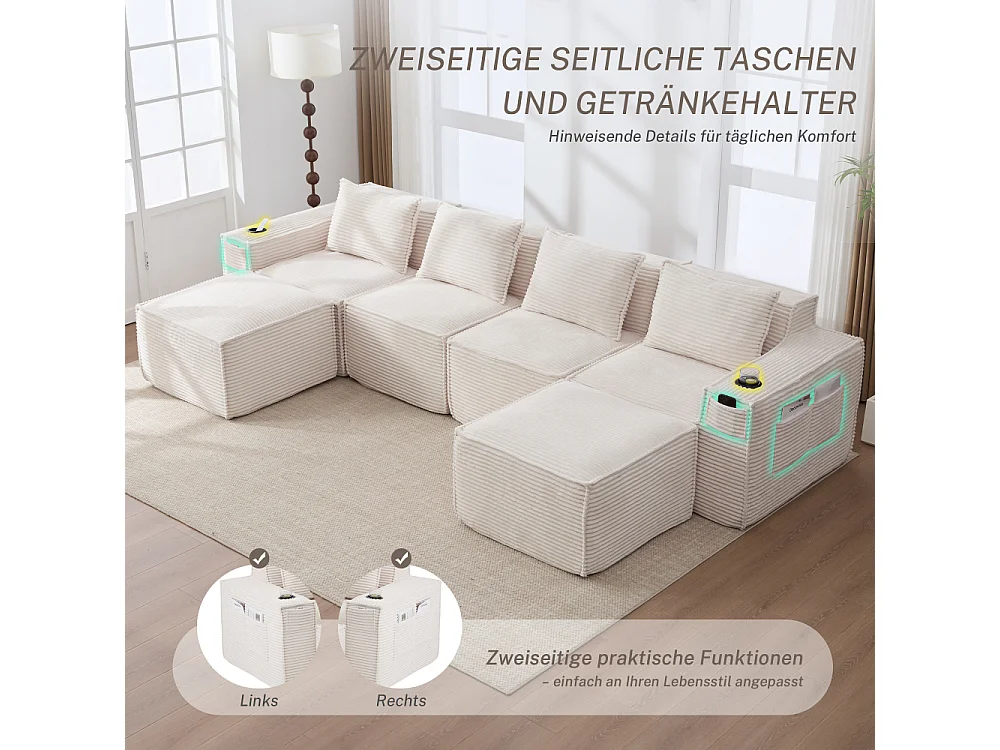 Canapé modulaire 4 places en velours côtelé avec poufs, ressorts ensachés, mousse, porte-gobelets et rangement