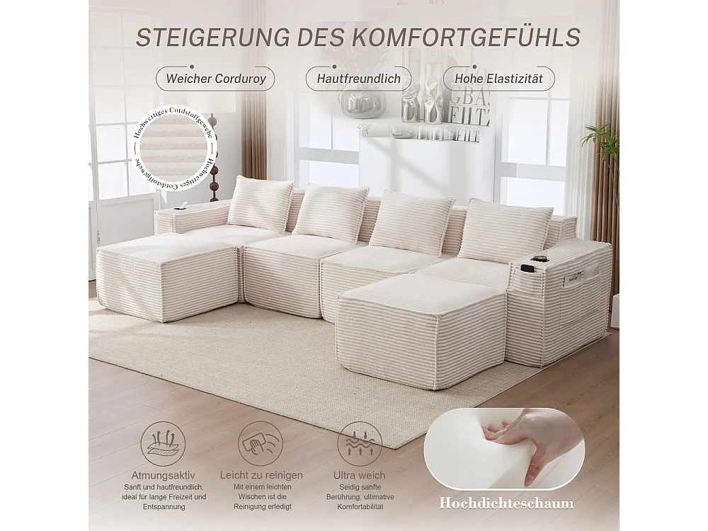 Canapé modulaire 4 places en velours côtelé avec poufs, ressorts ensachés, mousse, porte-gobelets et rangement
