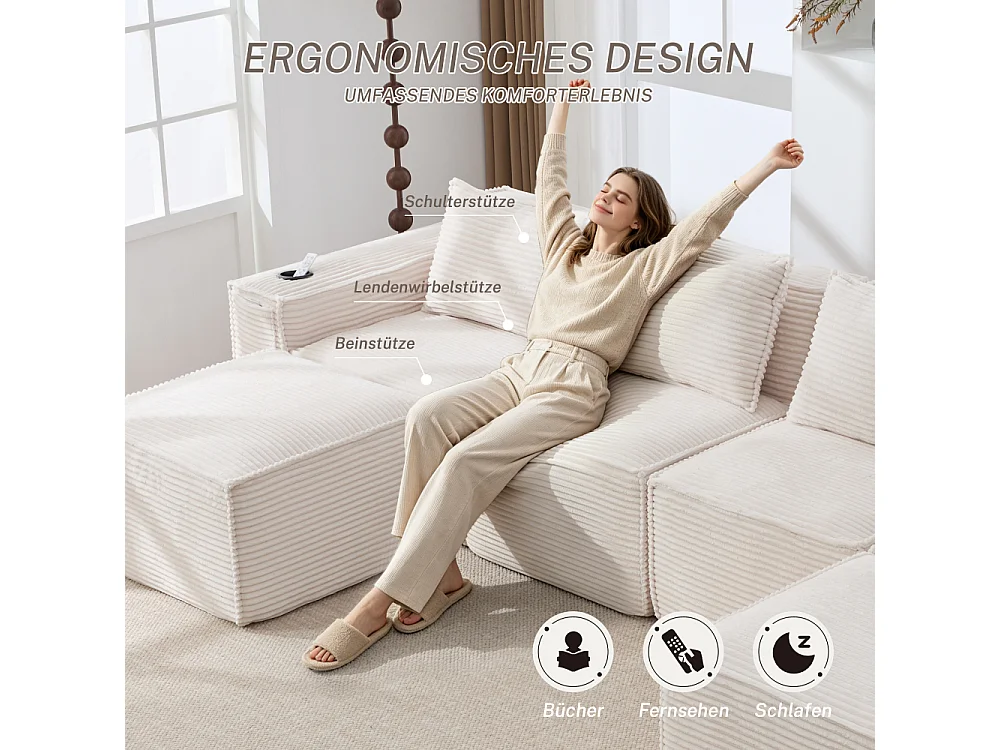 Canapé modulaire 4 places en velours côtelé avec poufs, ressorts ensachés, mousse, porte-gobelets et rangement