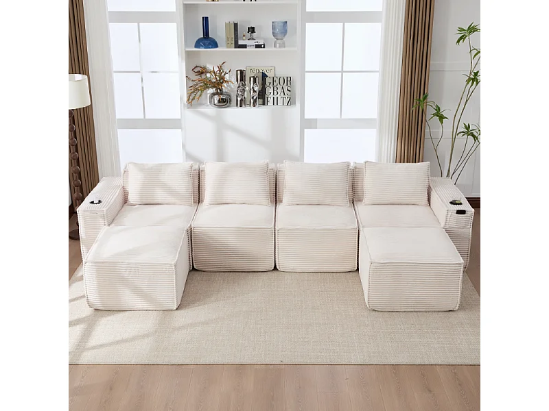 Canapé modulaire 4 places en velours côtelé avec poufs, ressorts ensachés, mousse, porte-gobelets et rangement