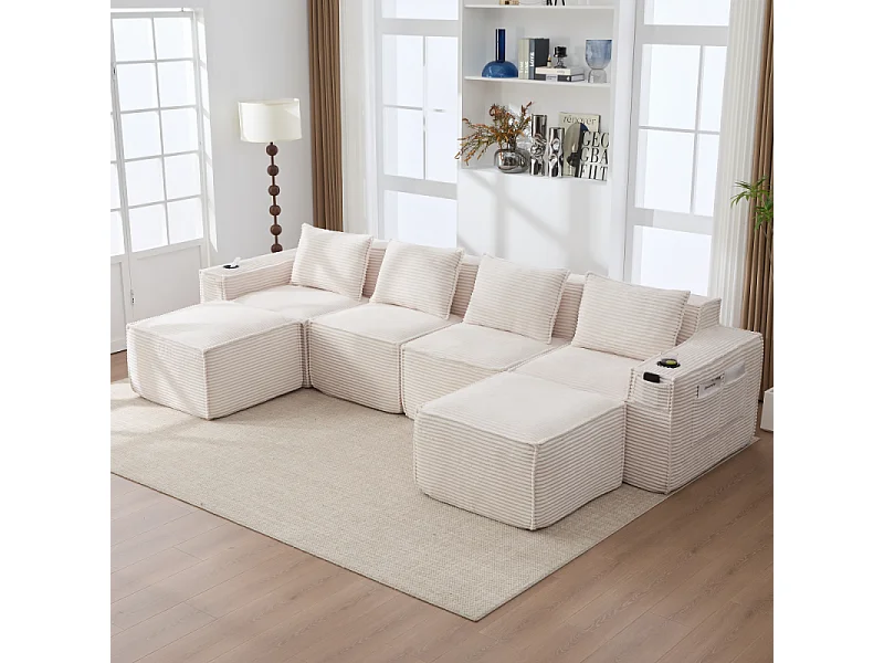 Canapé modulaire 4 places en velours côtelé avec poufs, ressorts ensachés, mousse, porte-gobelets et rangement