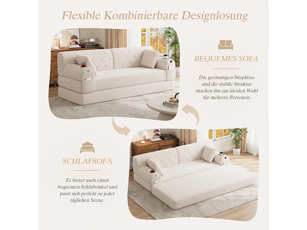 Slaapbank 3-zits in ribbelvelours met slaapfunctie, hoge rugleuning, metalen frame, opbergvakken en bekerhouder