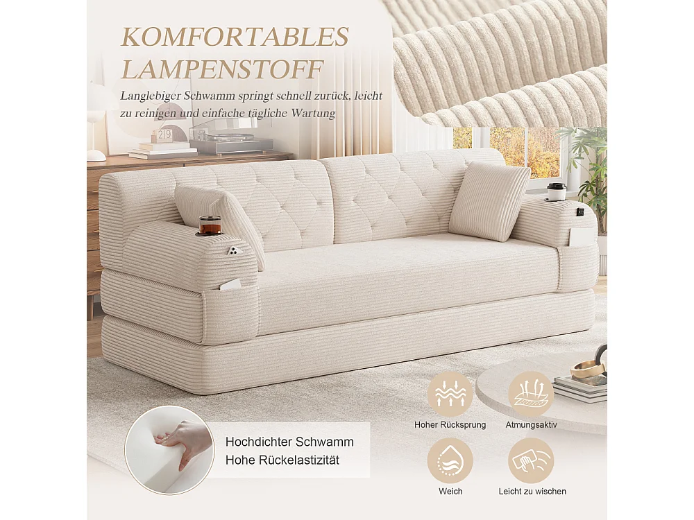 Slaapbank 3-zits in ribbelvelours met slaapfunctie, hoge rugleuning, metalen frame, opbergvakken en bekerhouder