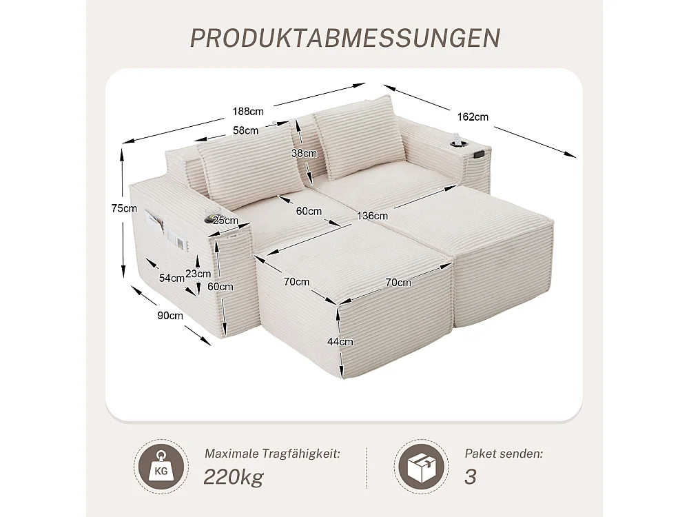 Canapé modulaire 2 places en velours côtelé avec 2 poufs, ressorts ensachés, mousse, porte-gobelets et rangement