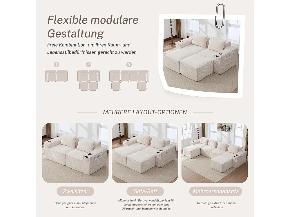 Canapé modulaire 2 places en velours côtelé avec 2 poufs, ressorts ensachés, mousse, porte-gobelets et rangement