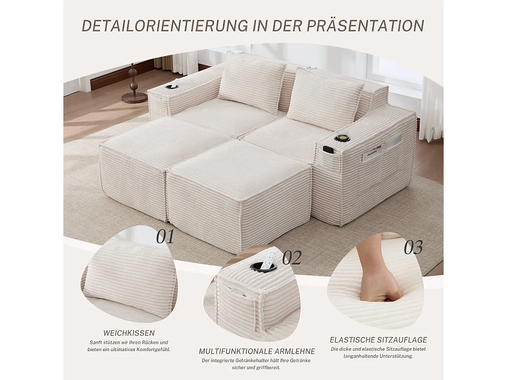 Canapé modulaire 2 places en velours côtelé avec 2 poufs, ressorts ensachés, mousse, porte-gobelets et rangement