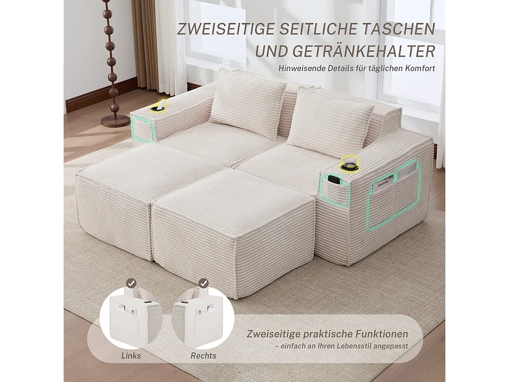 Canapé modulaire 2 places en velours côtelé avec 2 poufs, ressorts ensachés, mousse, porte-gobelets et rangement