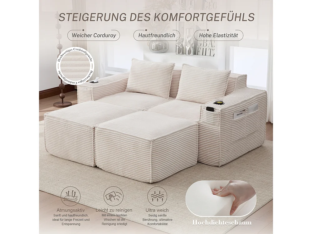 Canapé modulaire 2 places en velours côtelé avec 2 poufs, ressorts ensachés, mousse, porte-gobelets et rangement