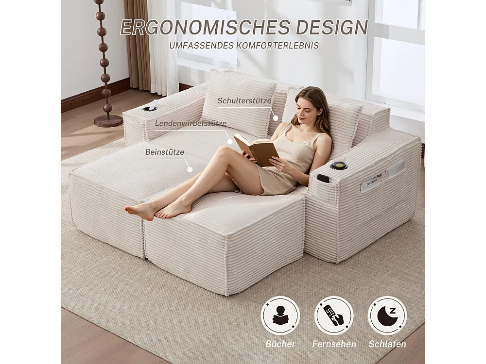Canapé modulaire 2 places en velours côtelé avec 2 poufs, ressorts ensachés, mousse, porte-gobelets et rangement