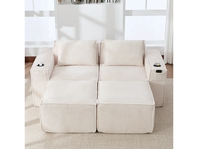 Canapé modulaire 2 places en velours côtelé avec 2 poufs, ressorts ensachés, mousse, porte-gobelets et rangement