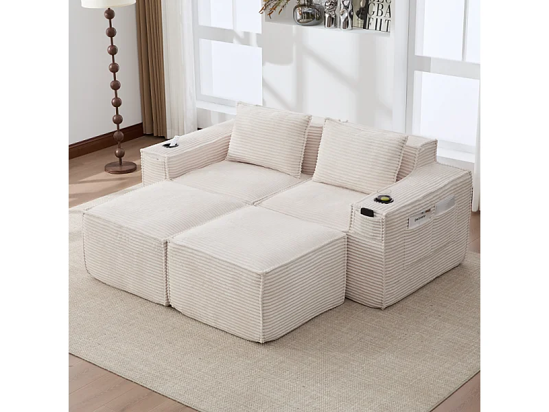 Canapé modulaire 2 places en velours côtelé avec 2 poufs, ressorts ensachés, mousse, porte-gobelets et rangement