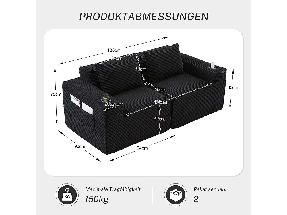Modulares Sofa 2-Sitzer in Rillensamt mit Taschenfederkern, Schaumstoff, Getränkehalter, Seitentaschen und komfortablem Design