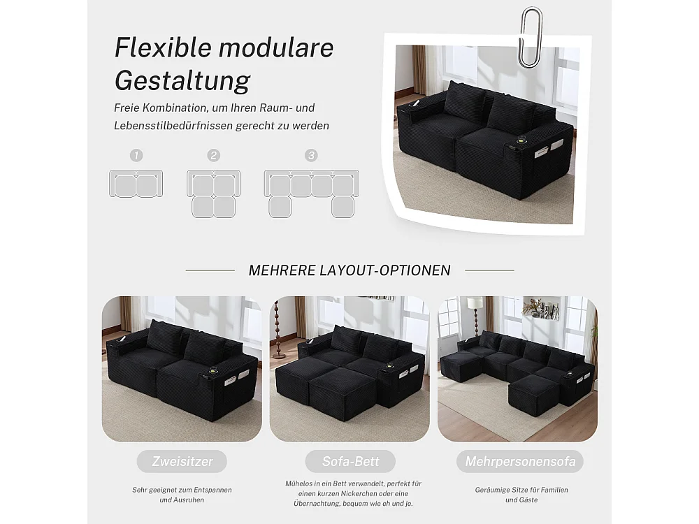 Modulares Sofa 2-Sitzer in Rillensamt mit Taschenfederkern, Schaumstoff, Getränkehalter, Seitentaschen und komfortablem Design