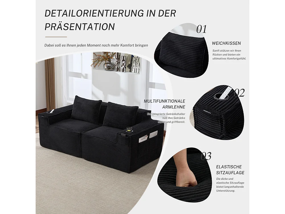 Modulares Sofa 2-Sitzer in Rillensamt mit Taschenfederkern, Schaumstoff, Getränkehalter, Seitentaschen und komfortablem Design