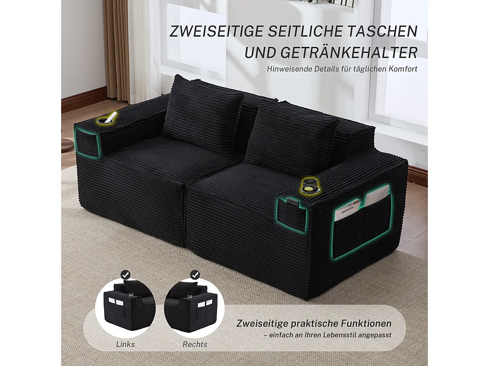 Modulares Sofa 2-Sitzer in Rillensamt mit Taschenfederkern, Schaumstoff, Getränkehalter, Seitentaschen und komfortablem Design