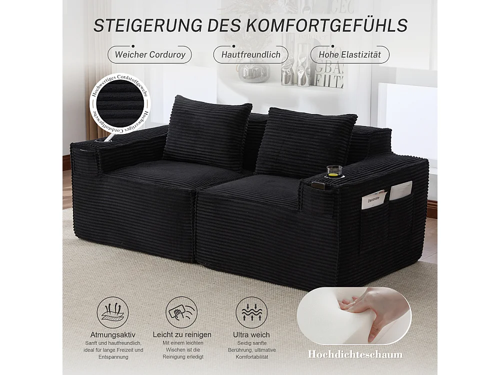 Modulares Sofa 2-Sitzer in Rillensamt mit Taschenfederkern, Schaumstoff, Getränkehalter, Seitentaschen und komfortablem Design